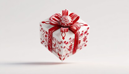 A pristine white cube gift adorned with a bright red bow, intricate patterns