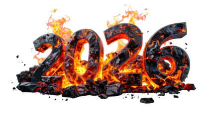 Fiery 2026 text with black, cracked, burning texture and a transparent background