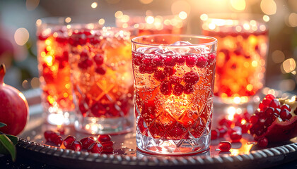 pomegranate sparkling cocktail drinks with fresh red seeds and ice set on a dark tray perfect for festive holiday and christmas celebrations.