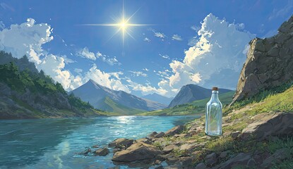 Sunny scene with a water bottle and vast lake view under a bright blue sky