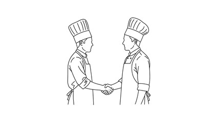 Two chefs shaking hands in a line art drawing representing agreement and partnership in the culinary field