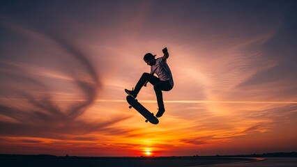 Man skateboarding in sunset sky.