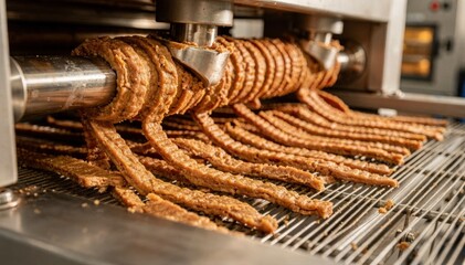Dough being extruded into jerkystyle strips for pet treats highlighting texture and detail in the shaping process within an industrial baking environment.