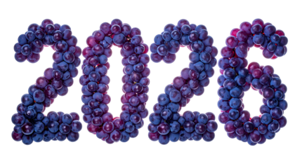 Numbers "2024" formed from plump, deep purple grapes, black background