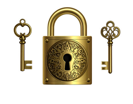 Golden padlock with ornate design and two matching antique keys