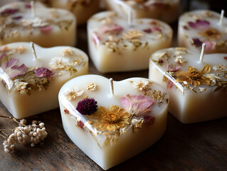 Heart-shaped candles with pressed flowers