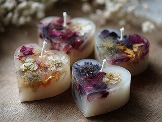 Heart-shaped candles with pressed flowers