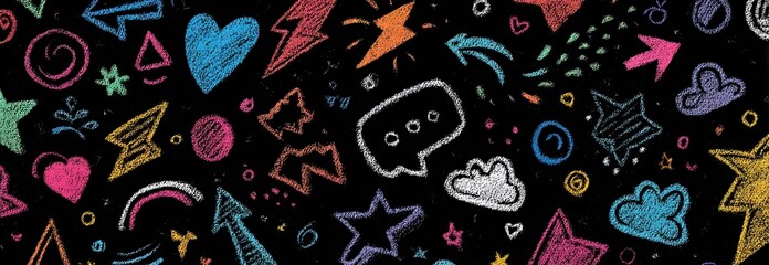 Black background with colorful sketched shapes and symbols including stars, hearts, arrows and clouds