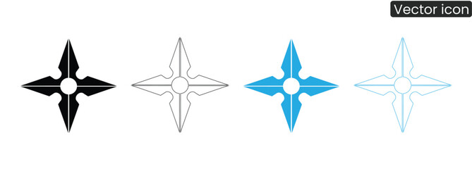 Collection of shuriken ninja star icons in various colors and line styles for design use