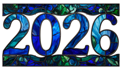 Year 2026 displayed in a stained glass style with blue and green colors