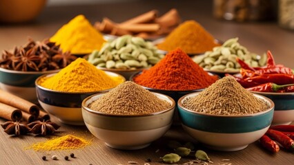 Variety of Ground Spices and Cardamom Pods in Bowls