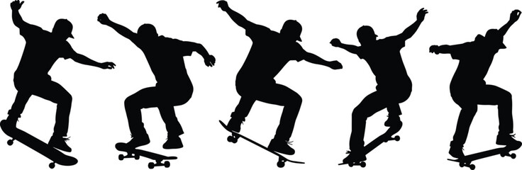 Obraz premium Silhouettes of skateboard trick sequence showing ollie progression with dynamic motion, balance, skill, and extreme sports lifestyle for fitness culture
