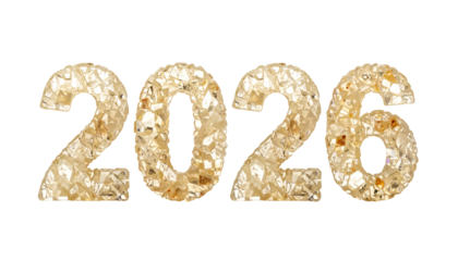 Year "2026" in textured gold, black background, clear outline