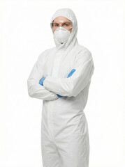 Young male industrial worker head covered standing straight with slight angle and crossed arms isolated on white background