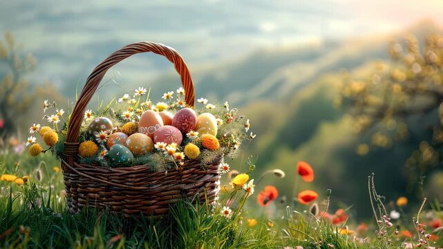 Festive Easter basket filled with colorful decorated eggs and bright small flowers sits in a sunlit green meadow with blooming poppies and soft blurred background.