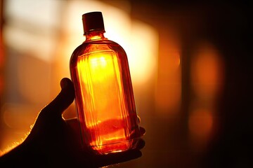 Close-up of a hand holding a rectangular glass bottle filled with a golden liquid
