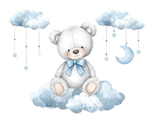 White teddy bear sitting on blue cloud with bow and stars moon mobile isolated on a transparent background