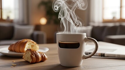 Steaming cup of coffee with croissant.