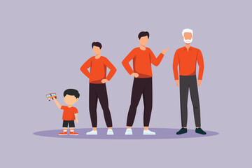 Stages of growth in men from childhood to old age. Growing family&nbsp;life&nbsp;stage Concept. Colored flat vector illustration isolated