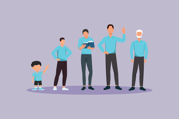Stages of the growth process of age and physical appearance of men in blue clothes. Growing family&nbsp;life&nbsp;stage Concept. Colored flat vector illustration isolated