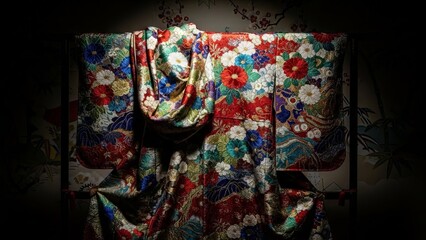 Fototapeta premium Vibrant floral silk kimono draped with intricate patterns