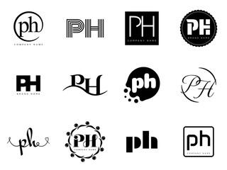 PH logo company template. Letter p and h logotype. Set different classic serif lettering and modern bold text with design elements. Initial font typography.