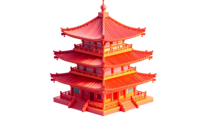 A vibrant, detailed three-tiered pagoda with red tones against a black background