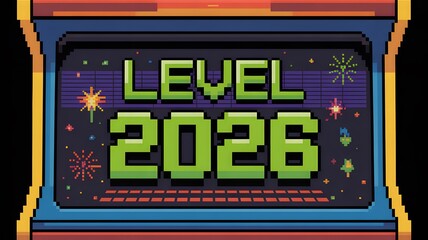 Retro 8-bit Pixel Art Arcade Gaming Screen – Happy New Year 2026 Celebration – Neon Level Up Game Interface, Gaming Video Game Background, Pixelated Holiday Fireworks & Vintage Digital Art Graphic