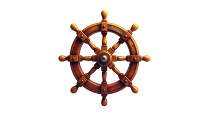 A detailed, wooden ship's wheel against a stark black backdrop