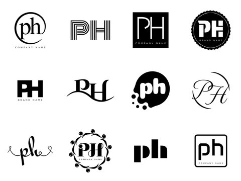 PH logo company template. Letter p and h logotype. Set different classic serif lettering and modern bold text with design elements. Initial font typography.