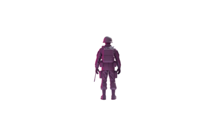A purple figure of a soldier stands alone against a black background