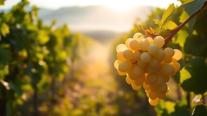 torrontes. Sunlight through morning mist on a cluster of white grapes in a vineyard. bar promotions, beverage menus, designed for food & beverage menus and cafe branding, enhances appetite appeal.