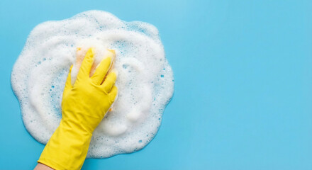 hand in yellow cleaning glove scrubbing surface with heavy soap foam on blue background representing deep cleaning disinfecting and hygiene