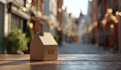Miniature cardboard house on wooden table with blurred street scene and string lights background