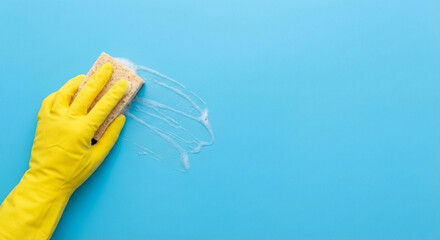 hand in yellow cleaning glove wiping surface with light soap foam on blue background representing gentle cleaning hygiene and maintenance