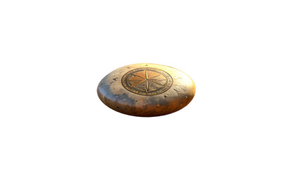 Weathered, metallic object with a compass-like design