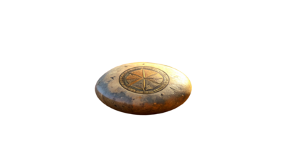 Weathered, metallic object with a compass-like design