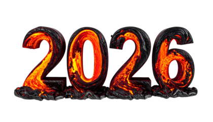 Fiery 2026 text with lava-like textures against a stark black background