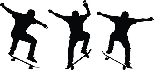 Silhouettes of skateboard trick sequence showing ollie jump progression with dynamic motion, balance, skill, and extreme sports lifestyle culture © Masud