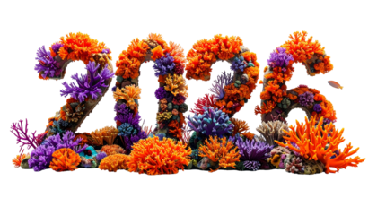 Colorful floral sculpture depicts "2023" against black, coral-like