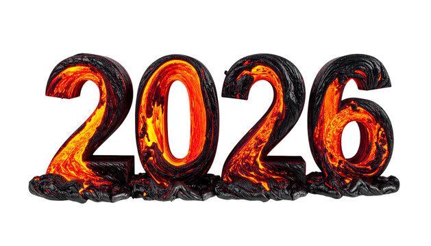Fiery 2026 text with lava-like textures against a stark black background