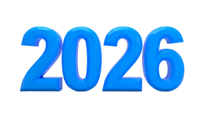 Blue, 3D rendered "2026" on black background