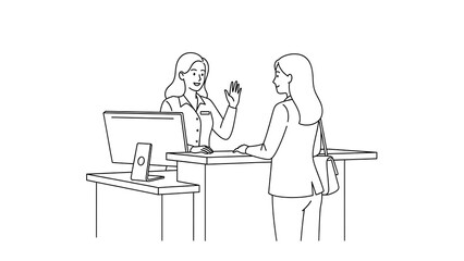 Customer service agent greeting a client at a reception desk with a computer and smartphone, line art illustration