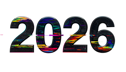 Digital glitch 2026 text with black background