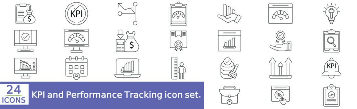  KPI and Performance Tracking icon set. Metric Monitor, Goal Tracker, Status Board, Budget Bar, Cost Cloud,