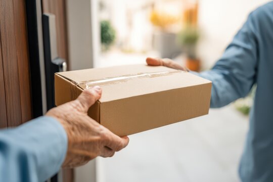 delivery person giving package box to elderly customer
