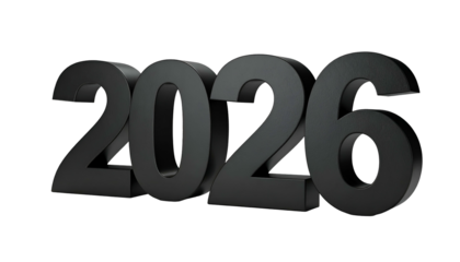 Dark, three-dimensional rendering of the year "2026" on black