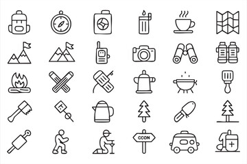 Adventure Travel Icons for Camping Equipment and Navigation Use