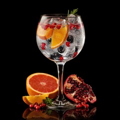 Cocktail with fruit, ice, and sprig in a stemmed glass against a black background