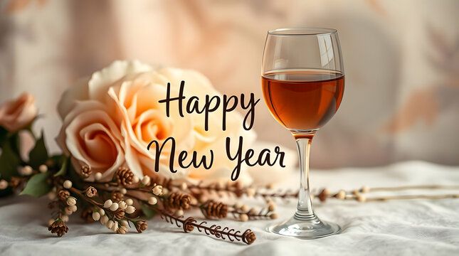 Elegant Happy New Year greeting with a wine glass filled with amber drink beside soft peach roses and rustic floral accents. Warm light & minimal decor create a classy, calm, festive celebration mood.